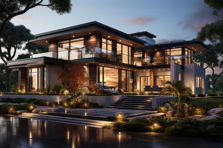 3d rendering of modern cozy house with pool and parking for sale or rent in luxurious style and beautiful landscaping on background. Clear summer night with many stars on the sky.の素材