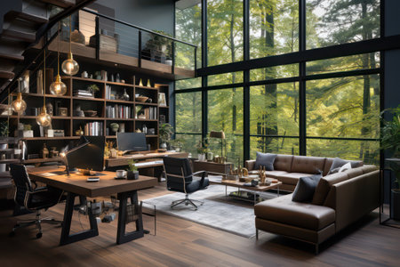 Interior of modern living room with wooden floor, brown leather armchairs, coffee table and bookcase. 3d renderingの素材