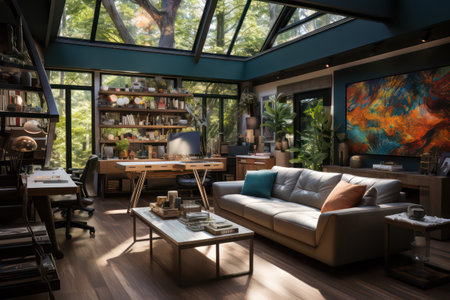 Interior of a modern living room with sofa and bookshelfの素材