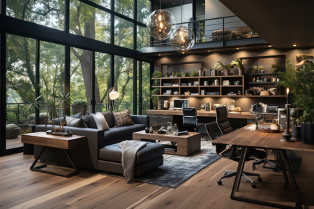 3d rendering interior of a modern living room with coffee tables and computersの素材