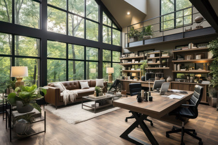 Interior of a modern office with a large window overlooking the cityの素材