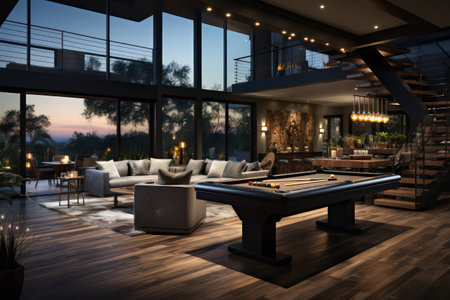 3d rendering of a modern luxury living room with pool table and sofaの素材