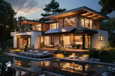 3d rendering of modern cozy house with pool and parking for sale or rent in luxurious style and beautiful landscaping on background. Clear summer night with many stars on the sky.の素材