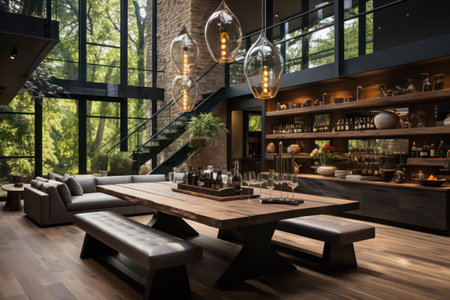 Interior of a modern coffee shop with wooden tables and chairs. 3d renderingの素材