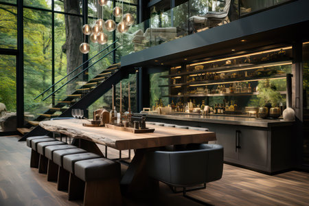 Interior of a modern restaurant with wooden tables and chairs. 3d renderingの素材