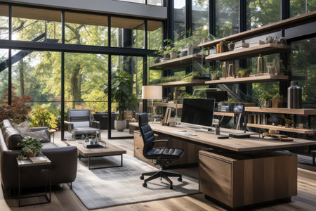 Modern office interior design with coffee table and computer on wooden floor.の素材