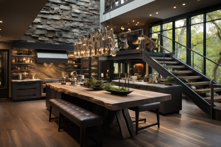 Interior of modern dining room with wooden floor and black walls.の素材