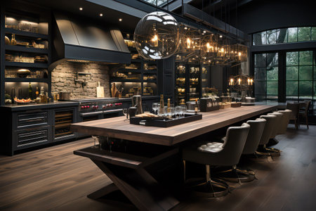 3D rendering of a beautiful interior of a bar with a wooden floorの素材