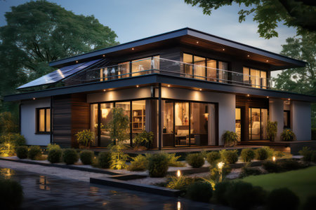 3d rendering of modern cozy house with pool and parking for sale or rent in luxurious style and beautiful landscaping.の素材