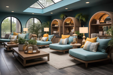 Interior design of modern living room with blue sofa and armchairsの素材