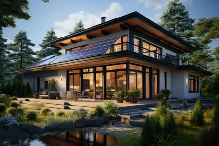 3d rendering of modern cozy chalet with pool and parking for sale or rent. Massive timber beams columns. Cool sunny summer evening with blue sky.の素材