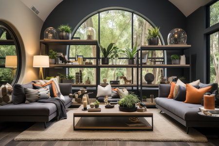 Interior of modern living room with coffee table and sofa 3D renderingの素材