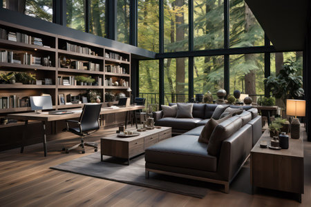 Interior of modern living room with furniture and bookcase. 3d renderingの素材