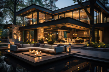 3d rendering of modern cozy house with parking and pool for sale or rent. Beautiful forest on background. Clear summer night with many stars on the sky.の素材