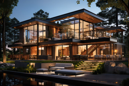 3d rendering of modern cozy house with pool and parking for sale or rent in luxurious style and beautiful landscaping on background. Clear summer night with many stars on the sky.の素材