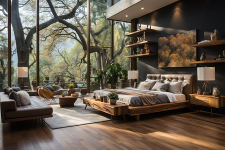 3d rendering of a modern bedroom interior design with wooden floor.の素材