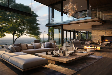 3d rendering of modern luxury living room with sea view and wooden floorの素材