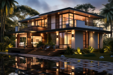 3d rendering of modern cozy house with pool and parking for sale or rent in luxurious style and beautiful landscaping on background.の素材