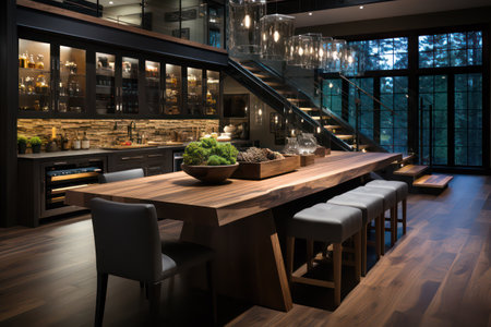 Interior of a modern restaurant with wooden table and chairs. 3d renderingの素材