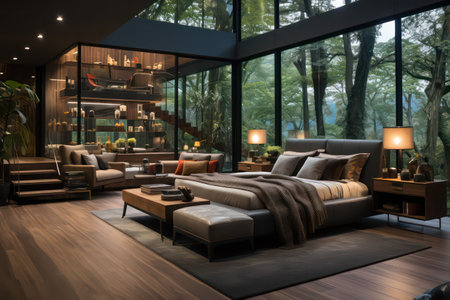 Interior of modern living room with wooden floor, sofa and coffee table. 3d renderの素材