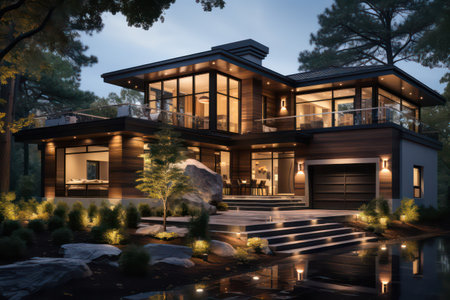3d rendering of modern cozy chalet with pool and parking for sale or rent. Massive timber beams columns. Cool summer night with many stars on the sky.の素材