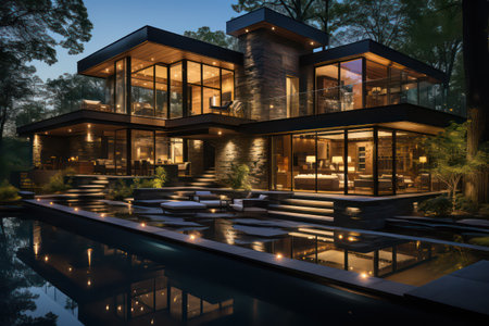 3d rendering of modern cozy house with parking and pool for sale or rent with wood plank facade. Clear summer night with many stars on the sky.の素材