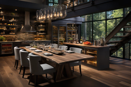 3d rendering luxury dining room and living room in loft style.の素材