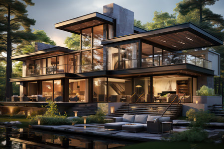 3d rendering of modern cozy house with parking and pool for sale or rent with wood plank facade. Clear summer night with many stars on the sky.の素材