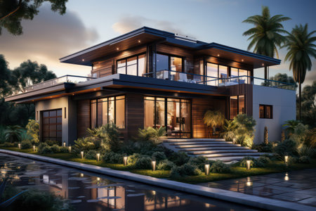 3d rendering of modern cozy house with pool and parking for sale or rent in luxurious style and beautiful landscaping on background. Clear summer night with many stars on the sky.の素材