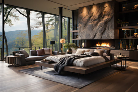 3d rendering luxury modern bedroom suite in penthouse with mountain viewの素材
