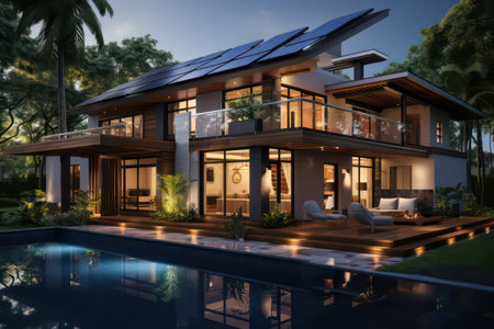 3d rendering of modern cozy house with pool and parking for sale or rent in luxurious style and beautiful landscaping.の素材