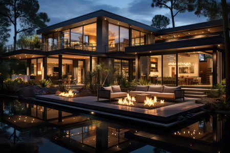 3d rendering of modern cozy house with pool and parking for sale or rent in luxurious style and beautiful landscaping on background. Clear summer night with many stars on the sky.の素材