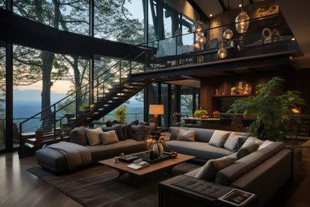 Luxury living room interior with modern furniture, sofa, coffee table and mountain view.の素材