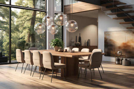 Modern dining room interior design with wooden table and chairs. 3D Renderingの素材