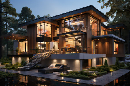3d rendering of modern cozy house with pool and parking for sale or rent. beautiful forest background. Massive Timber Beams make this house unique.の素材