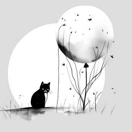 Black cat sitting on the grass in front of the full moon, vector illustrationの素材
