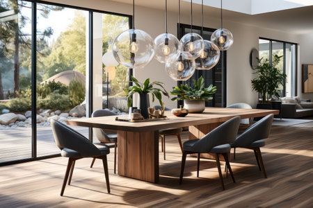 Interior of modern dining room with wooden table and chairs. 3d renderingの素材