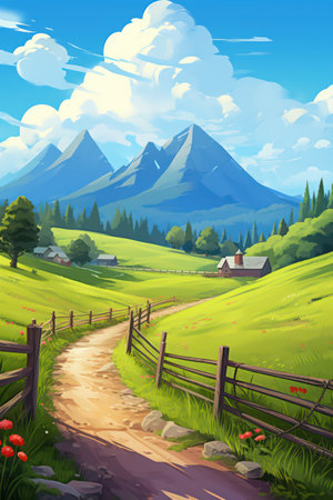 Beautiful rural landscape with meadow and mountains, vector illustration.の素材