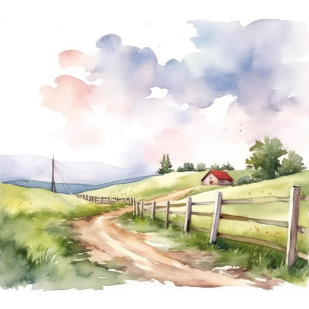 Watercolor rural landscape with country road, fence and clouds. hand drawn illustrationの素材