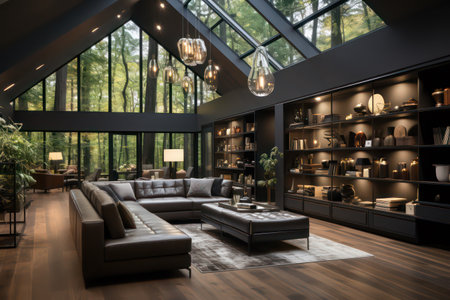 interior of modern living room with black walls, wooden floor, black sofas and bookcases. 3d renderingの素材