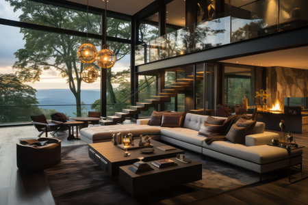 Interior of modern living room with beautiful view.3d renderingの素材