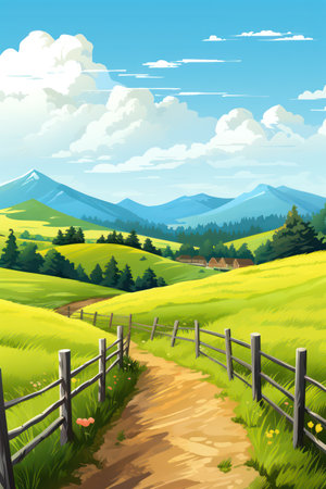 Vector illustration of a summer landscape with a dirt road leading to the mountainの素材