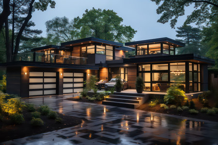 3d rendering of modern cozy house with garage and pool for sale or rent with wood plank facade. Black night lighting.の素材