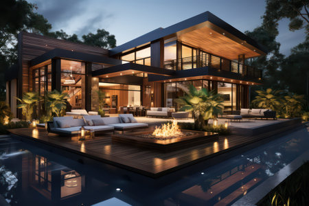 3d rendering of modern cozy house with pool and parking for sale or rent in luxurious style and beautiful landscaping on background. Clear summer night with many stars on the sky.の素材