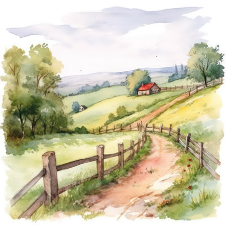 Watercolor rural landscape with farm house and fence. hand drawn illustrationの素材