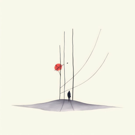 Illustration of a man standing in a tree with a red umbrellaの素材