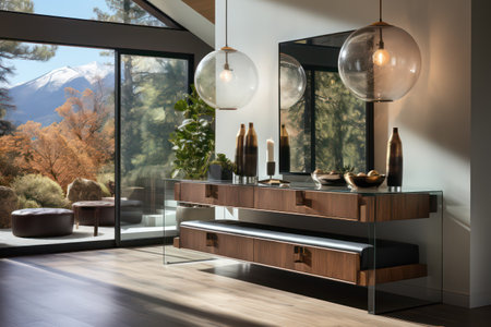 Interior of modern living room with panoramic view of mountainsの素材