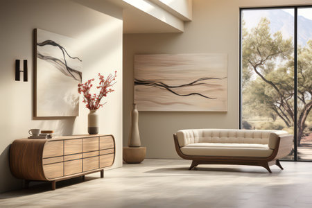 Interior of modern living room with beige walls, wooden floor, beige sofa and paintings on the wall. 3d renderingの素材