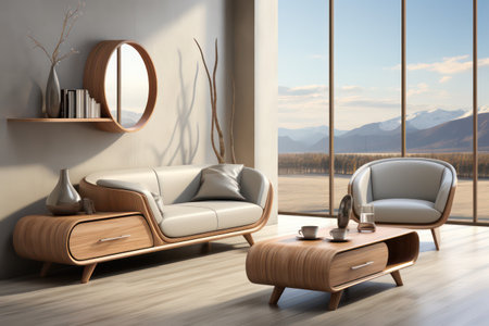 Interior of modern living room with white walls, wooden floor, comfortable brown sofa standing near round coffee table and round mirror. 3d renderingの素材