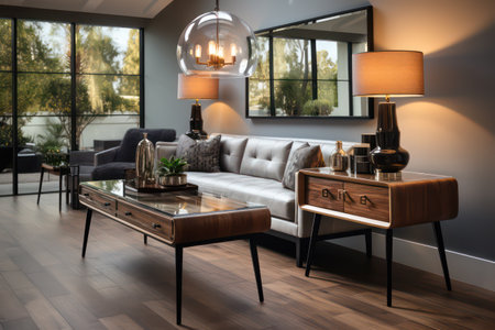Luxury living room interior with a sofa, coffee table and a lampの素材